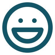 Laughing face icon with a circular outline and open mouth.