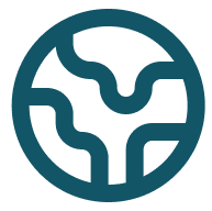 Stylized dark teal circular design with interconnected, branching lines forming a pattern reminiscent of a globe or complex network.
